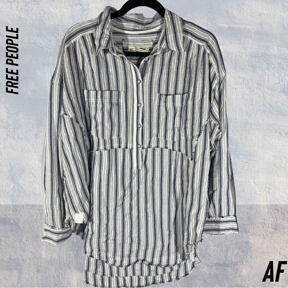 FREE PEOPLE PINSTRIPES TUNIC IN NAVY WHITE COMBO NWT MEDIUM RAW EDGES - Picture 1 of 7